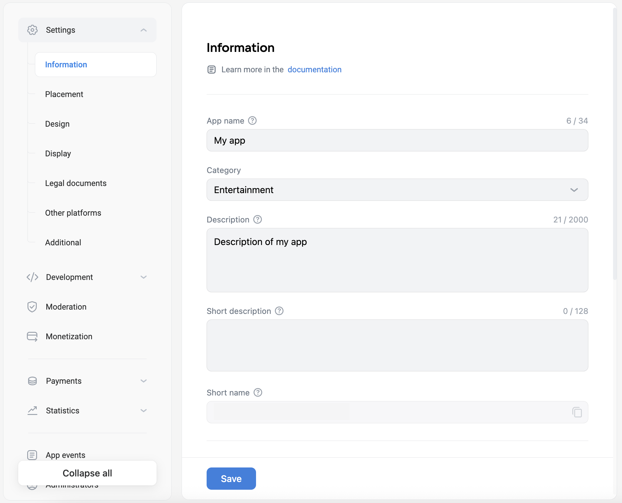 Example of the section Settings | Information